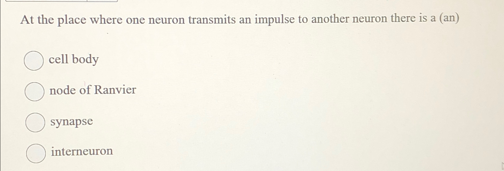 Solved At the place where one neuron transmits an impulse to | Chegg.com