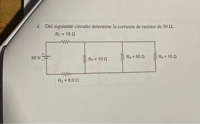 4. Del siguiente circuito determine la corriente de resistor de \( 50 \Omega \). \[ R_{t}=15 n \]