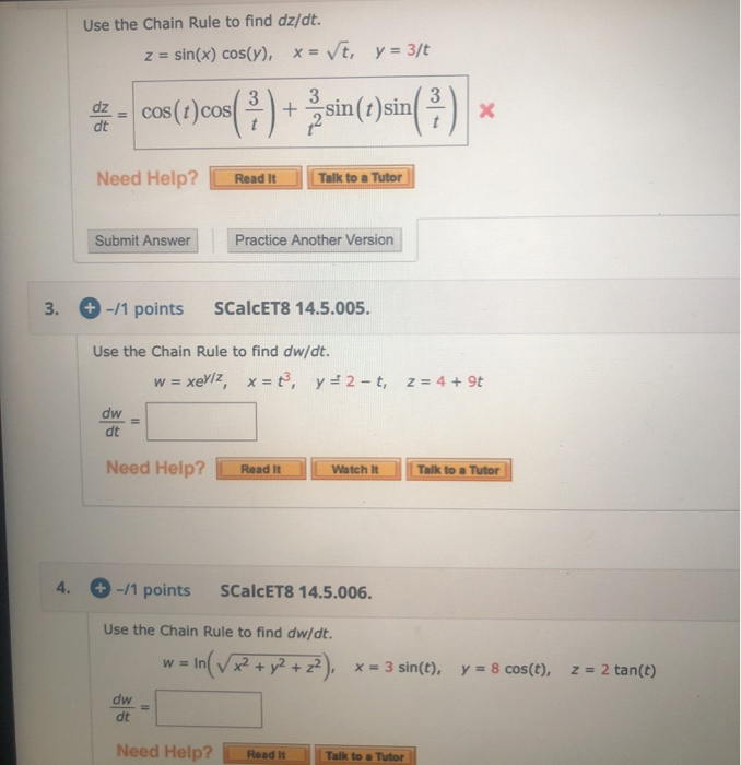 Solved Use the Chain Rule to find dz/dt. z = sin(x) cos(y),