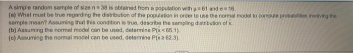 Solved A simple random sample of size n=38 is obtained from | Chegg.com