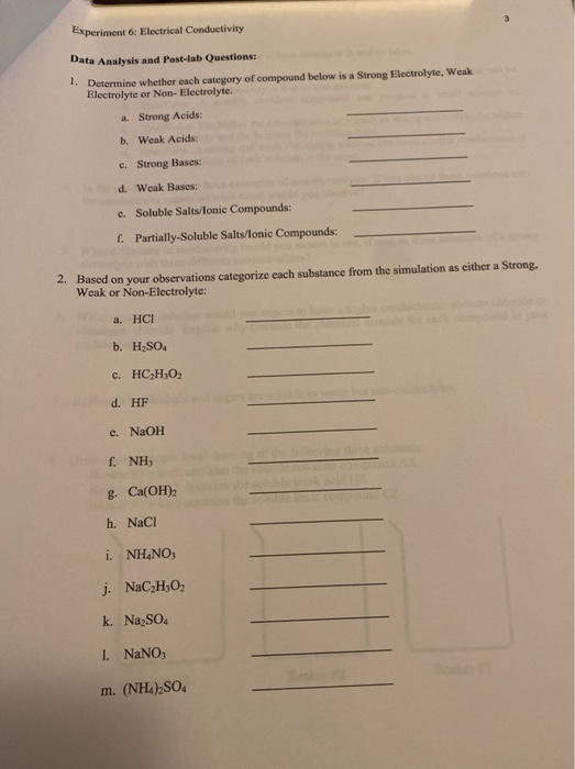 Solved Experiment 6: Electrical Conductivity Data Analysis | Chegg.com