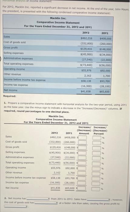 Solved horizontal and of income statement For 2012, Mackin | Chegg.com