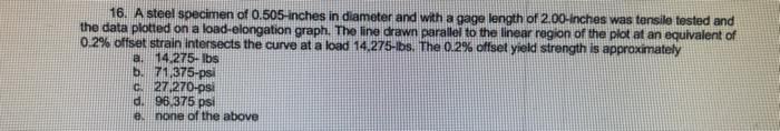 Solved 16. A steel specimen of 0.505-inches in diameter and | Chegg.com
