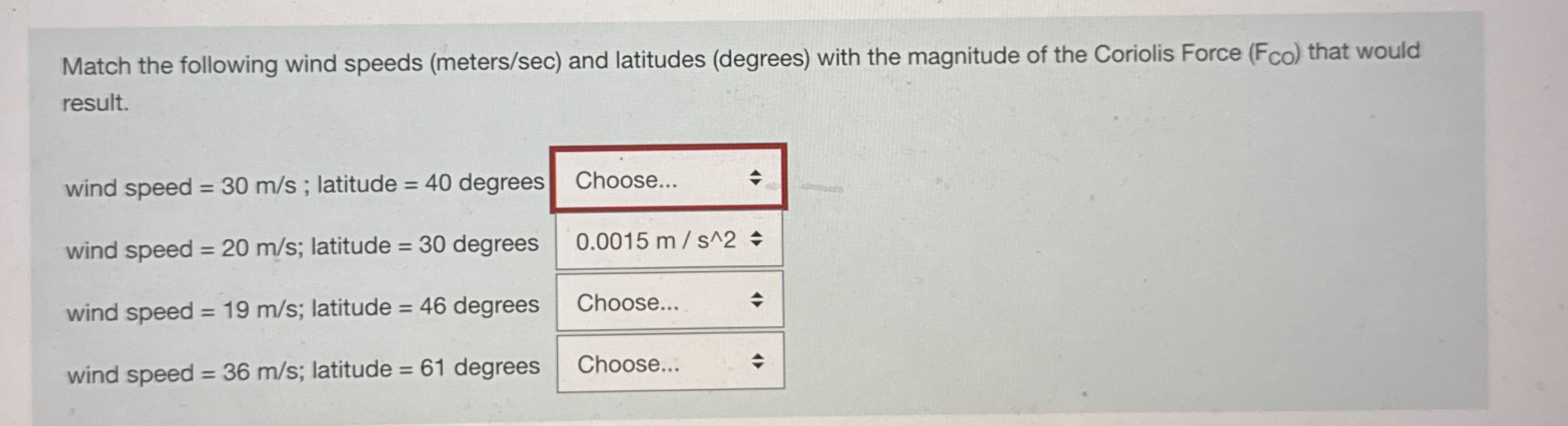 Solved Match the following wind speeds (meters ?sec ) ﻿and
