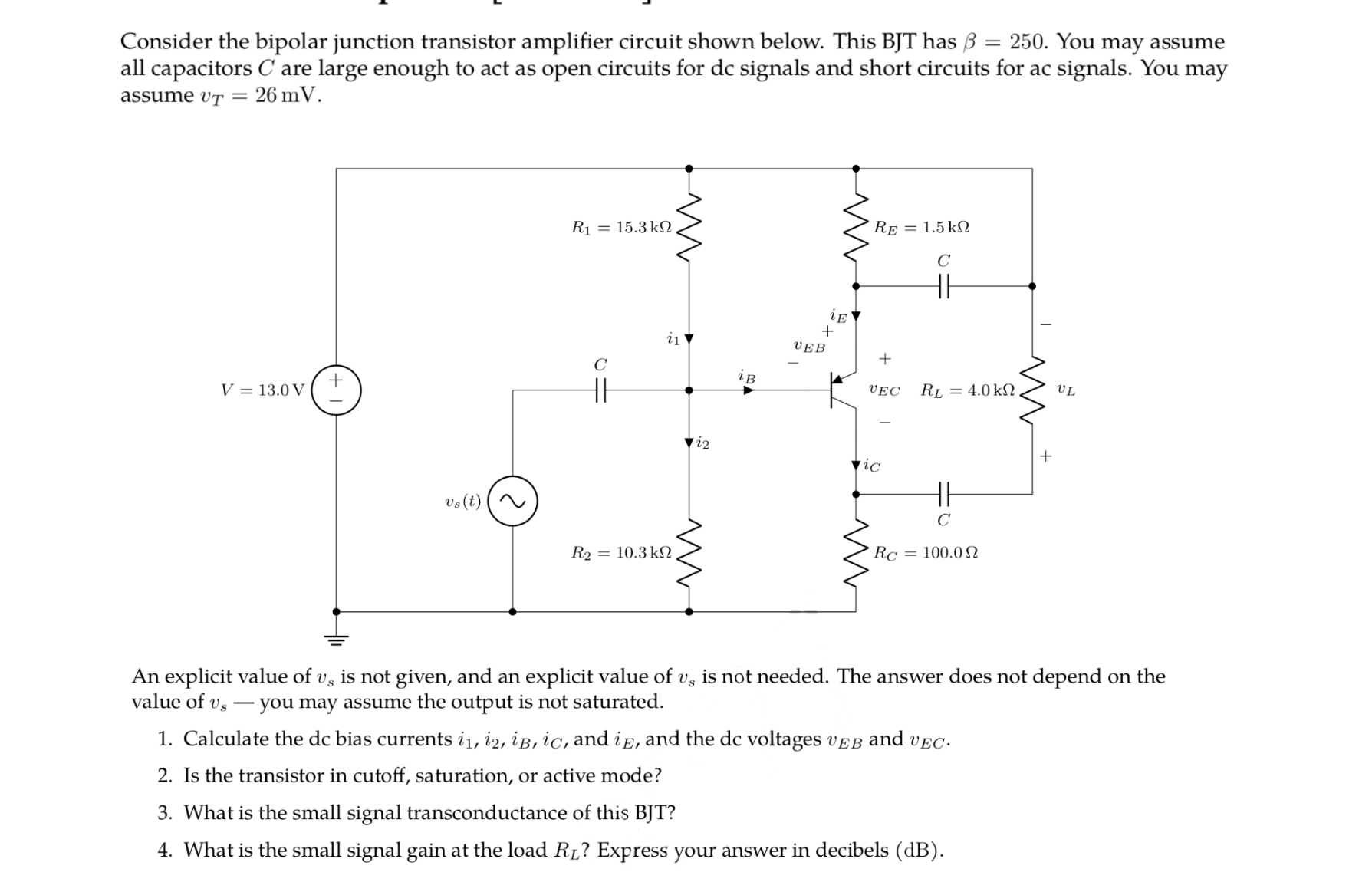 Solved Consider the bipolar junction transistor amplifier | Chegg.com