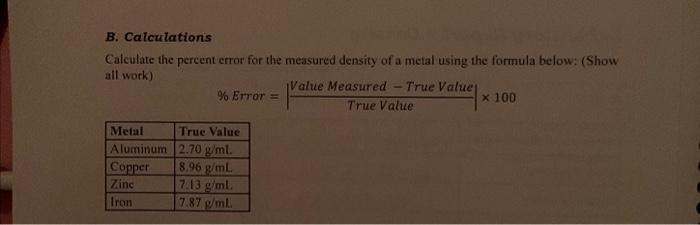 B. Calculations Calculate The Percent Error For The | Chegg.com