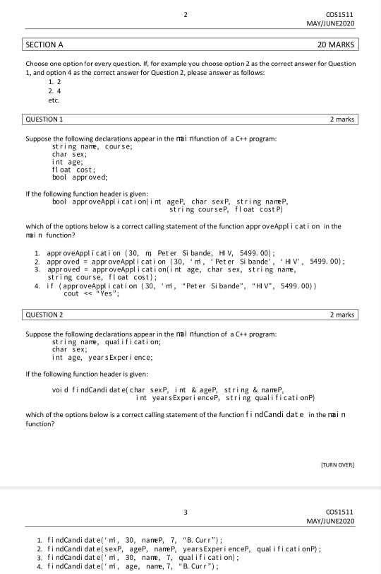 Solved 2 COS1511 MAY/JUNE2020 SECTION A 20 MARKS Choose one | Chegg.com