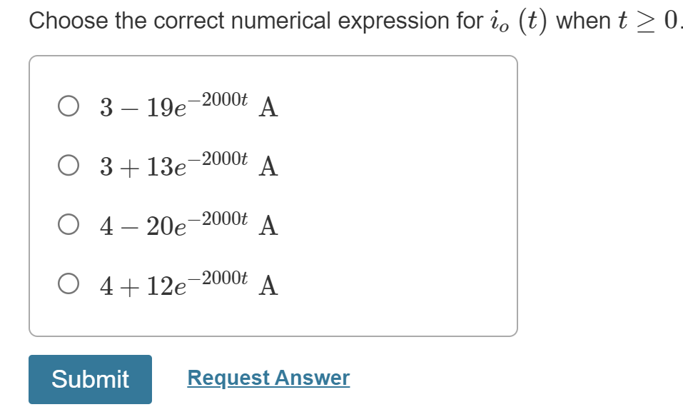 Solved Choose the correct numerical expression for io(t) | Chegg.com