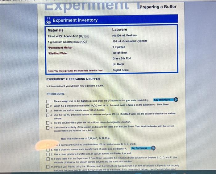 EXPERIMENT 1 PREPARING A BUFFER Data Sheet Table 2