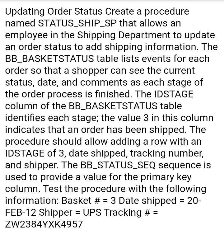 Solved Updating Order Status Create a procedure named | Chegg.com