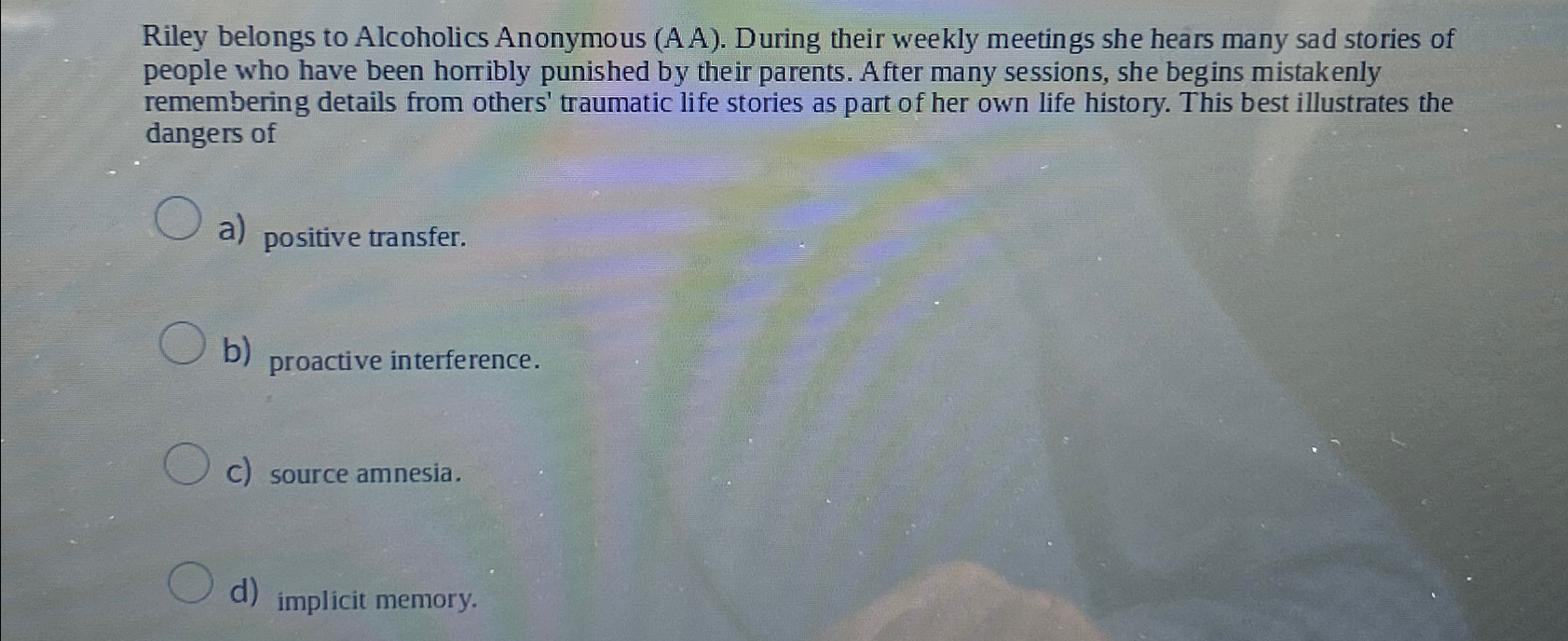 Solved Riley belongs to Alcoholics Anonymous (AA). ﻿During | Chegg.com