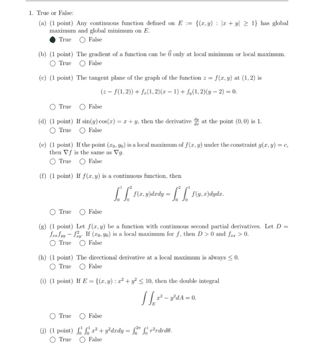 Solved 1 True Or False A 1 Point Any Continuous Fun Chegg Com