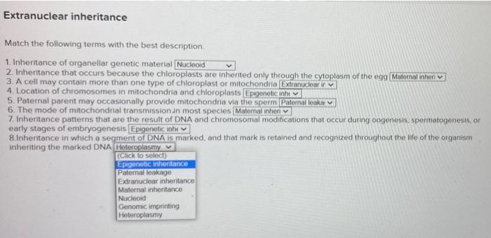 Solved Extranuclear inheritance Match the following terms | Chegg.com
