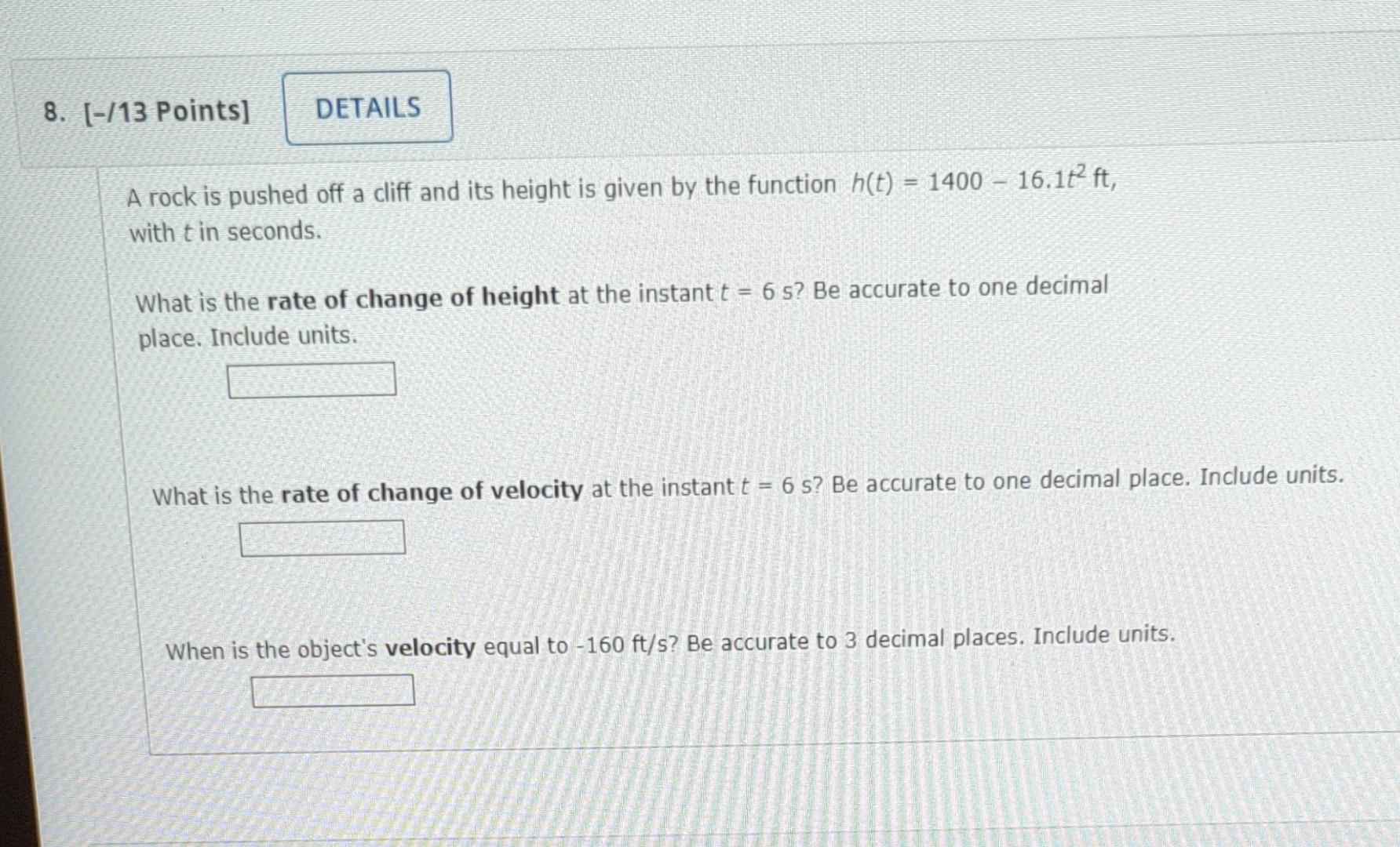 Solved A rock is pushed off a cliff and its height is given | Chegg.com