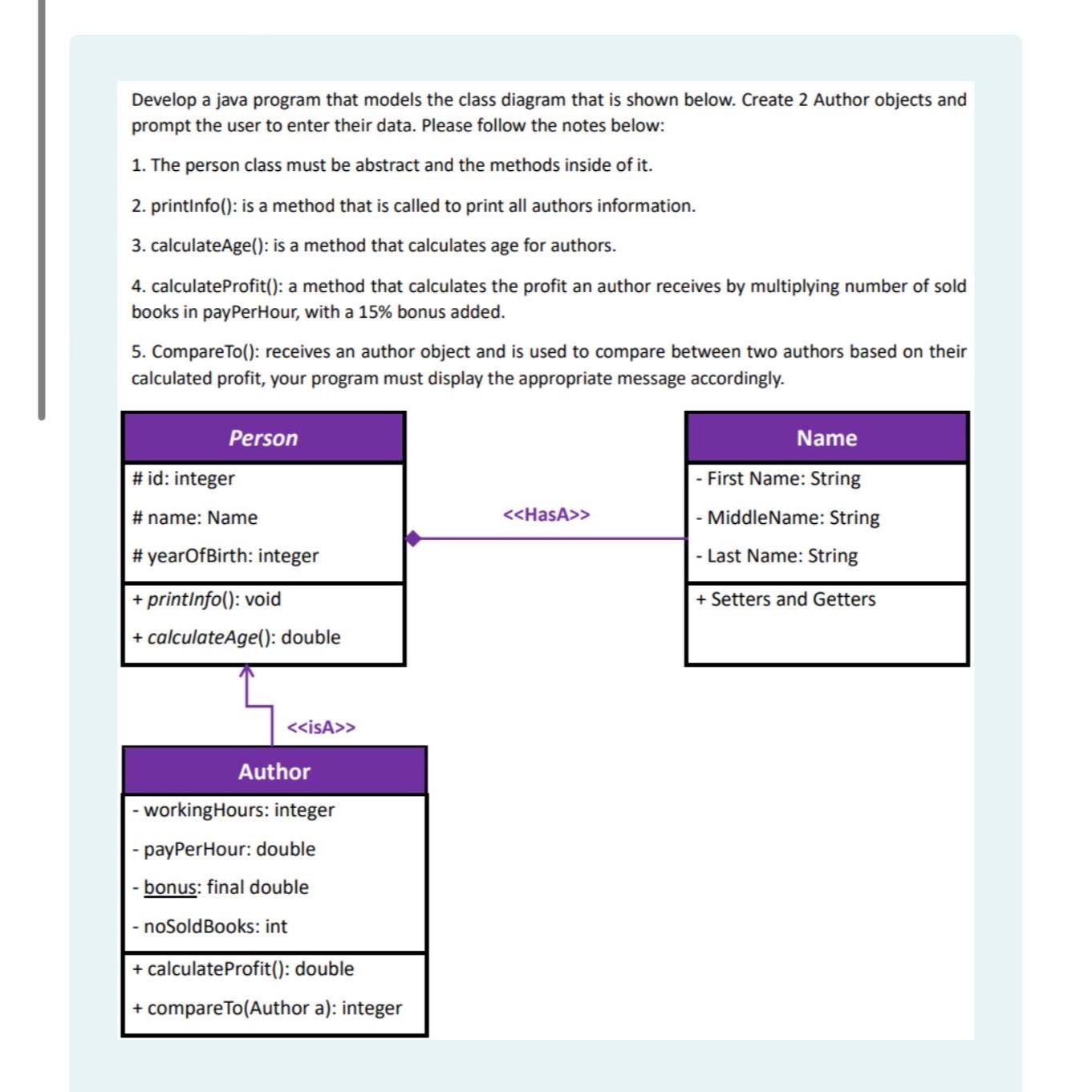 Solved Develop a java program that models the class diagram | Chegg.com