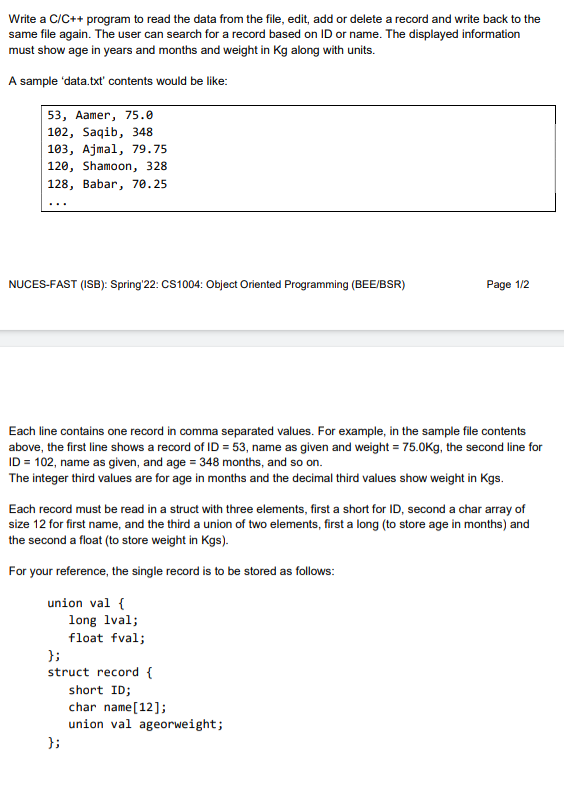 Solved Write a C/C++ program to read the data from the file, | Chegg.com
