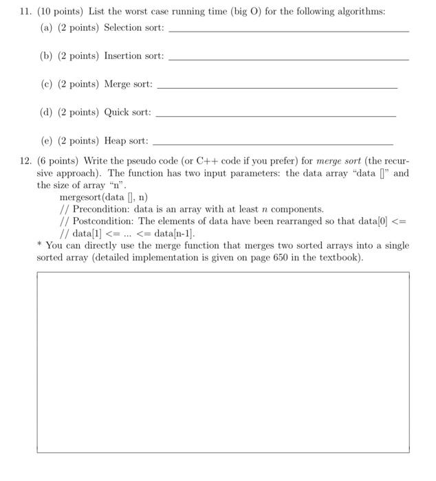 Solved 11. (10 points) List the worst case running time (big | Chegg.com