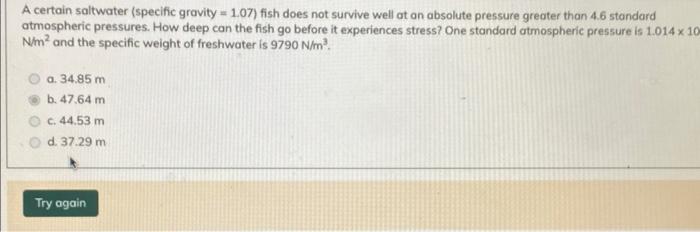 Solved A certain saltwater (specific gravity =1.07 ) fish | Chegg.com
