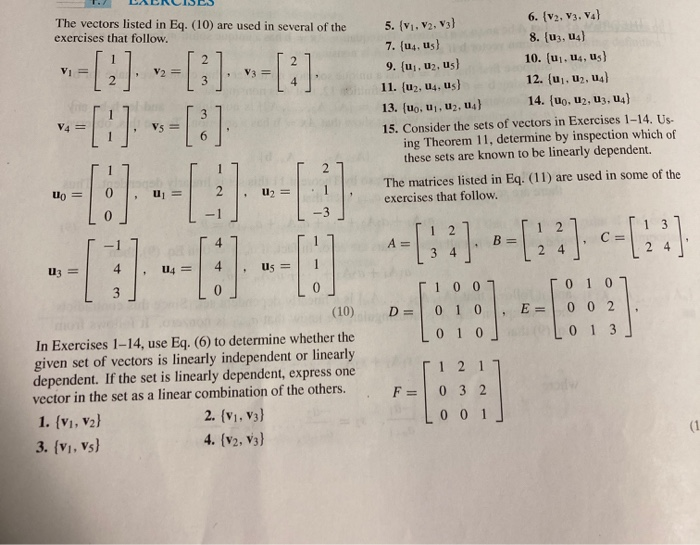 Solved 1 Laercises The Vectors Listed In Eq 10 Are Us Chegg Com