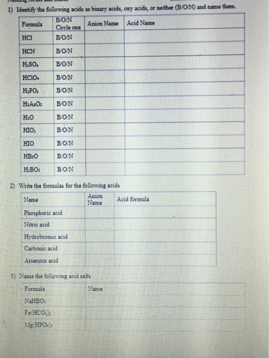 Solved 1) Identify the following acids as binary acids, oxy | Chegg.com