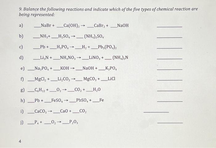 Solved Balence The Reactions And Identify The Five Types Of 