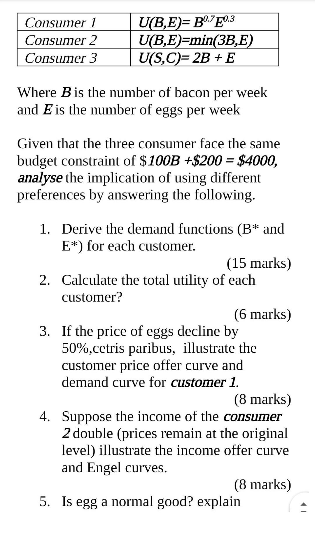 Solved Consumer 1 Consumer 2 Consumer 3 UB,E)=B0.7Ę0.3 | Chegg.com