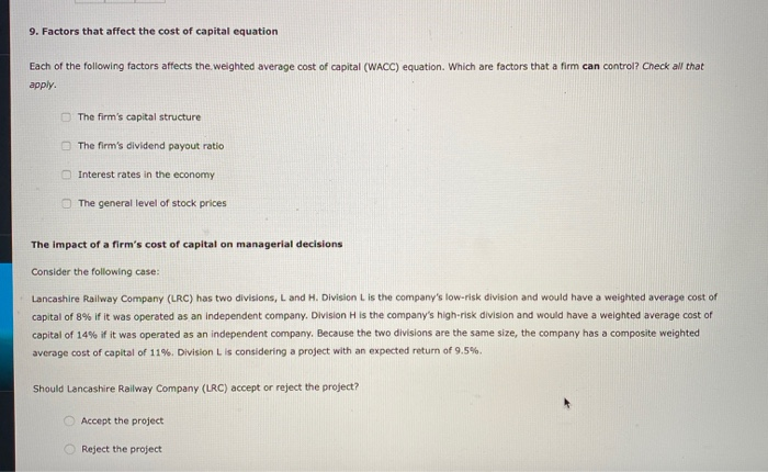 Solved 9. Factors that affect the cost of capital equation | Chegg.com