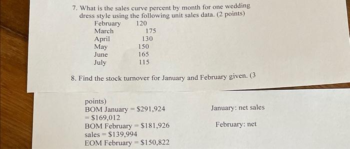 7. What is the sales curve percent by month for one wedding dress style using the following unit sales data. (2 points)
8. Fi