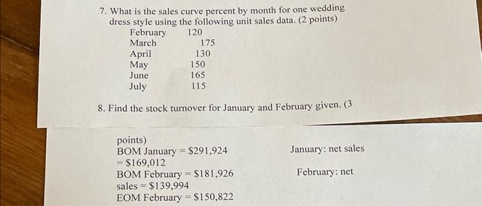 7. What is the sales curve percent by month for one wedding dress style using the following unit sales data. (2 points)
8. Fi