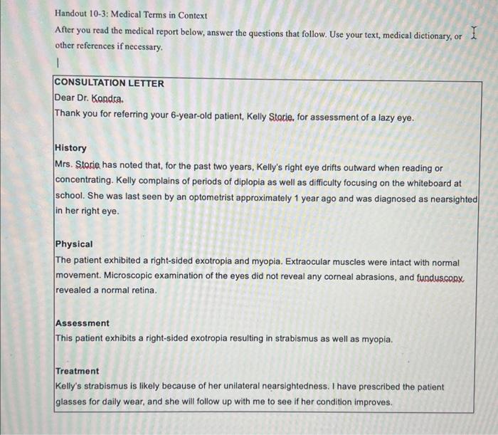 Solved Handout 10-3: Medical Terms in Context After you read | Chegg.com