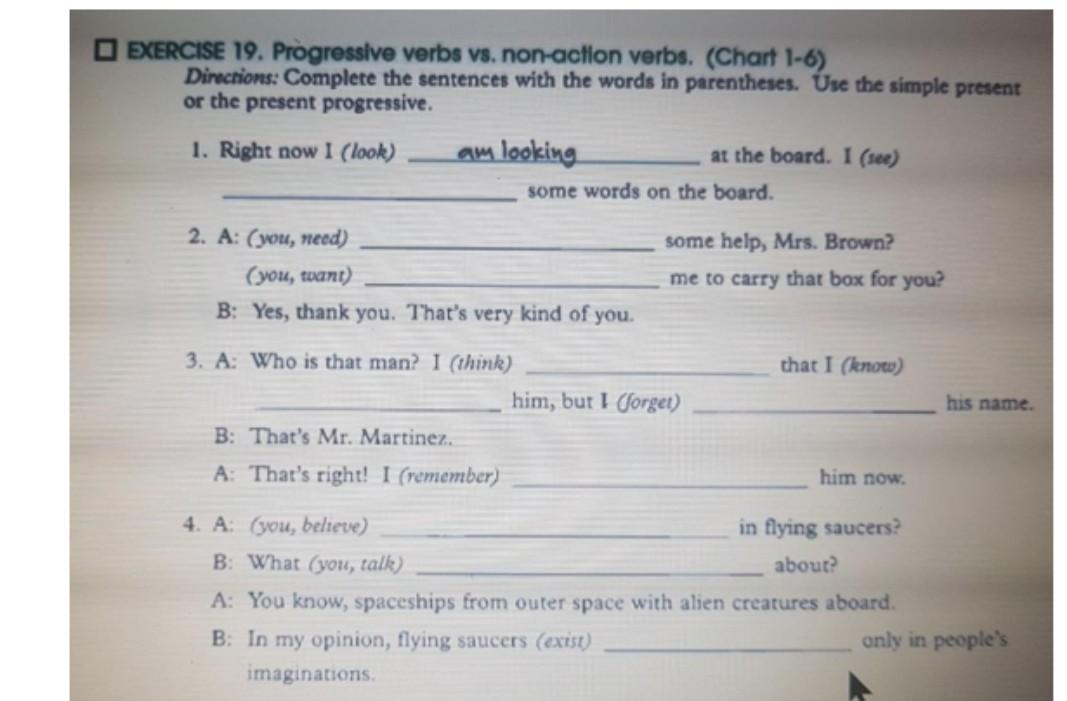 Solved EXERCISE 19 Progressive Verbs Vs Non action Verbs Chegg