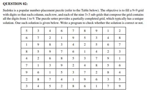Solved QUESTION 02: Sudoku is a popular number-placement | Chegg.com
