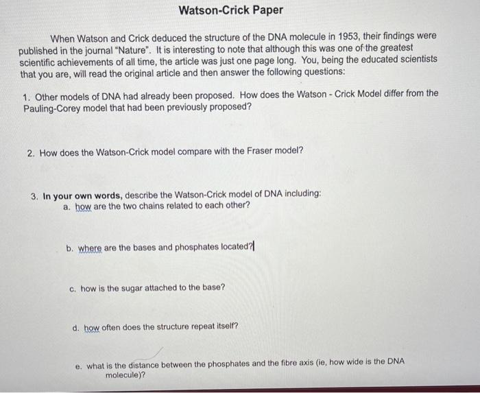 Solved Watson-Crick Paper When Watson and Crick deduced the | Chegg.com