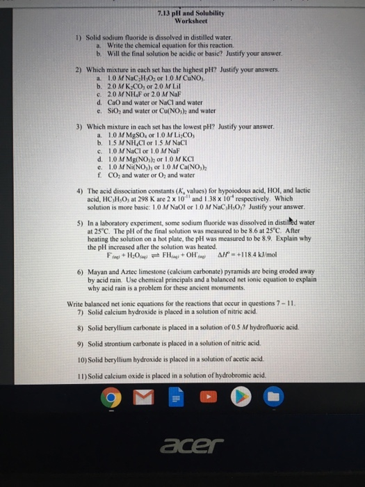 Solved 7 13 Ph And Solubility Worksheet 1 Solid Sodium F Chegg Com