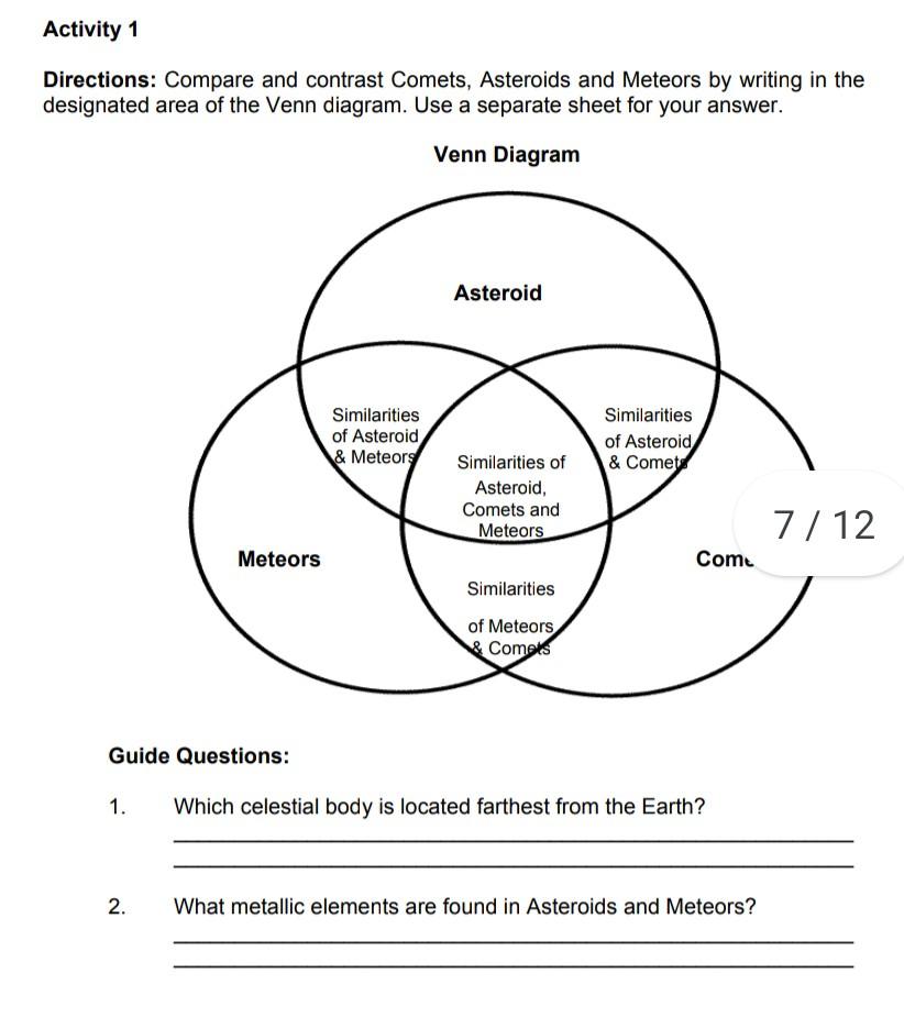 Solved Activity 1 Directions: Compare and contrast Comets, | Chegg.com