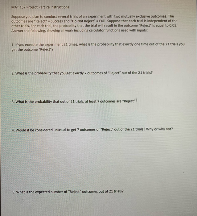 Solved MAT 152 Project Part 2a Instructions Suppose you plan | Chegg.com