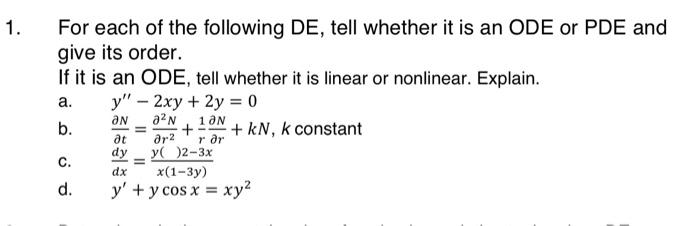 Solved For each of the following DE, tell whether it is an | Chegg.com