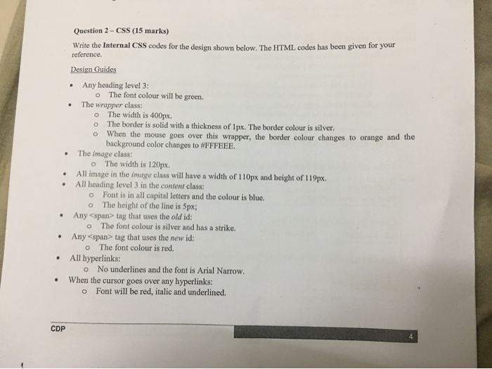 Solved Question 2-CSS (15 marks) Write the Internal CSS | Chegg.com