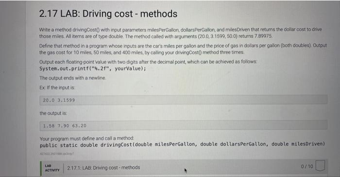 Solved 2.17 LAB: Driving cost - methods Write a method | Chegg.com