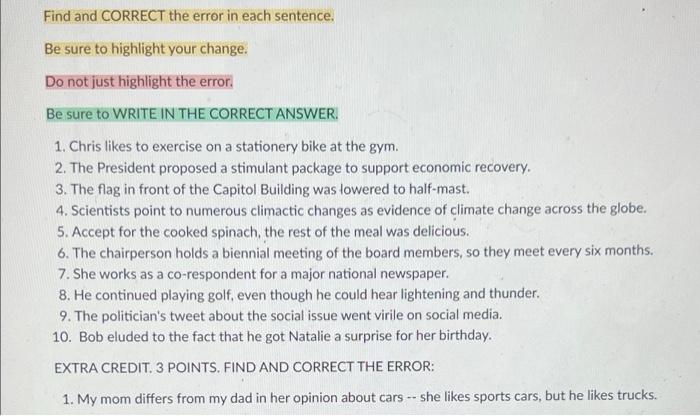 Find and CORRECT the error in each sentence. Be sure | Chegg.com