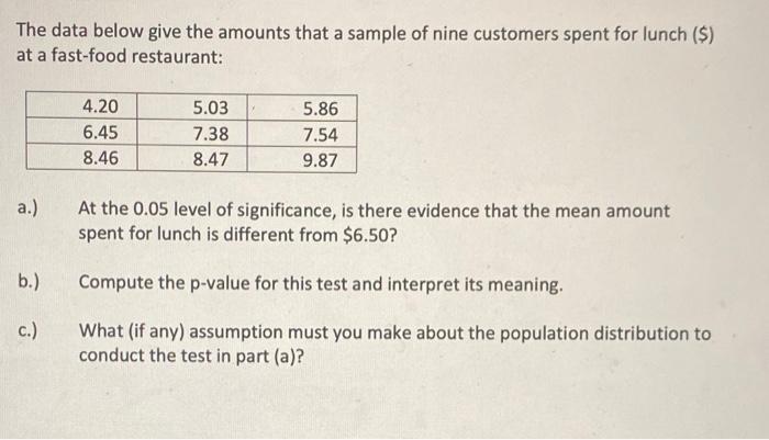 Solved The data below give the amounts that a sample of nine | Chegg.com