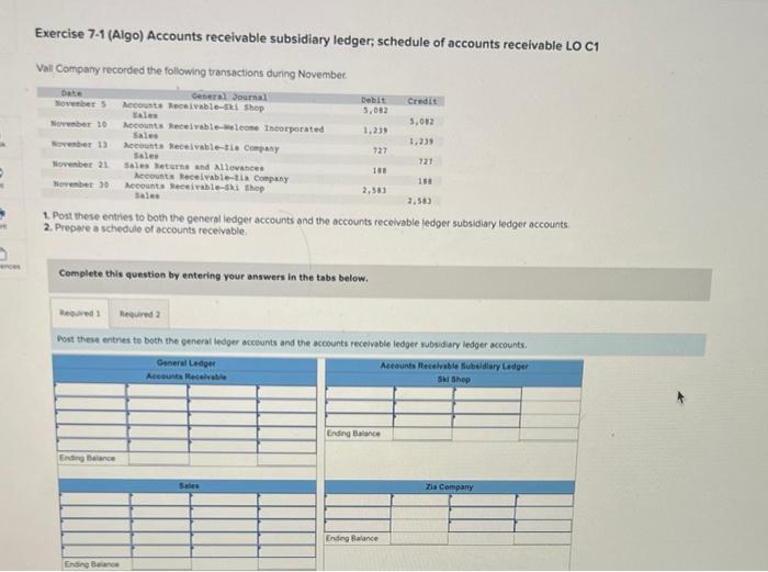 Solved Exercise 7-1 (Algo) Accounts Receivable Subsidiary | Chegg.com