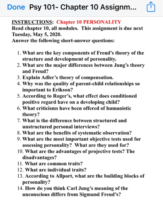 Solved Done Psy 101- Chapter 10 Assignm ☺ INSTRUCTIONS 