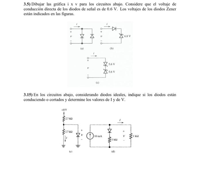 3.5) Dibujar las gráfica i \( x \vee \) para los circuitos abajo. Considere que el voltaje de conducción directa de los diodo