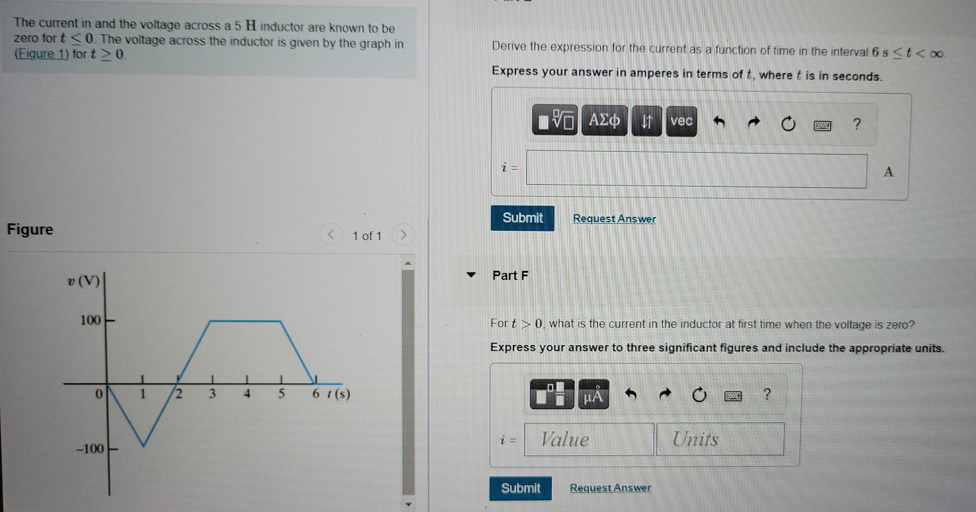 Solved Part A The current in and the voltage across a 5 H | Chegg.com