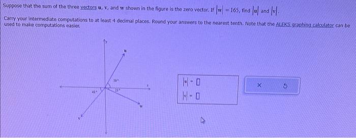 Suppose that the sum of the three vectors \( u, v \), and \( w \) shown in the figure is the zero vector. If \( |w|=165 \), f