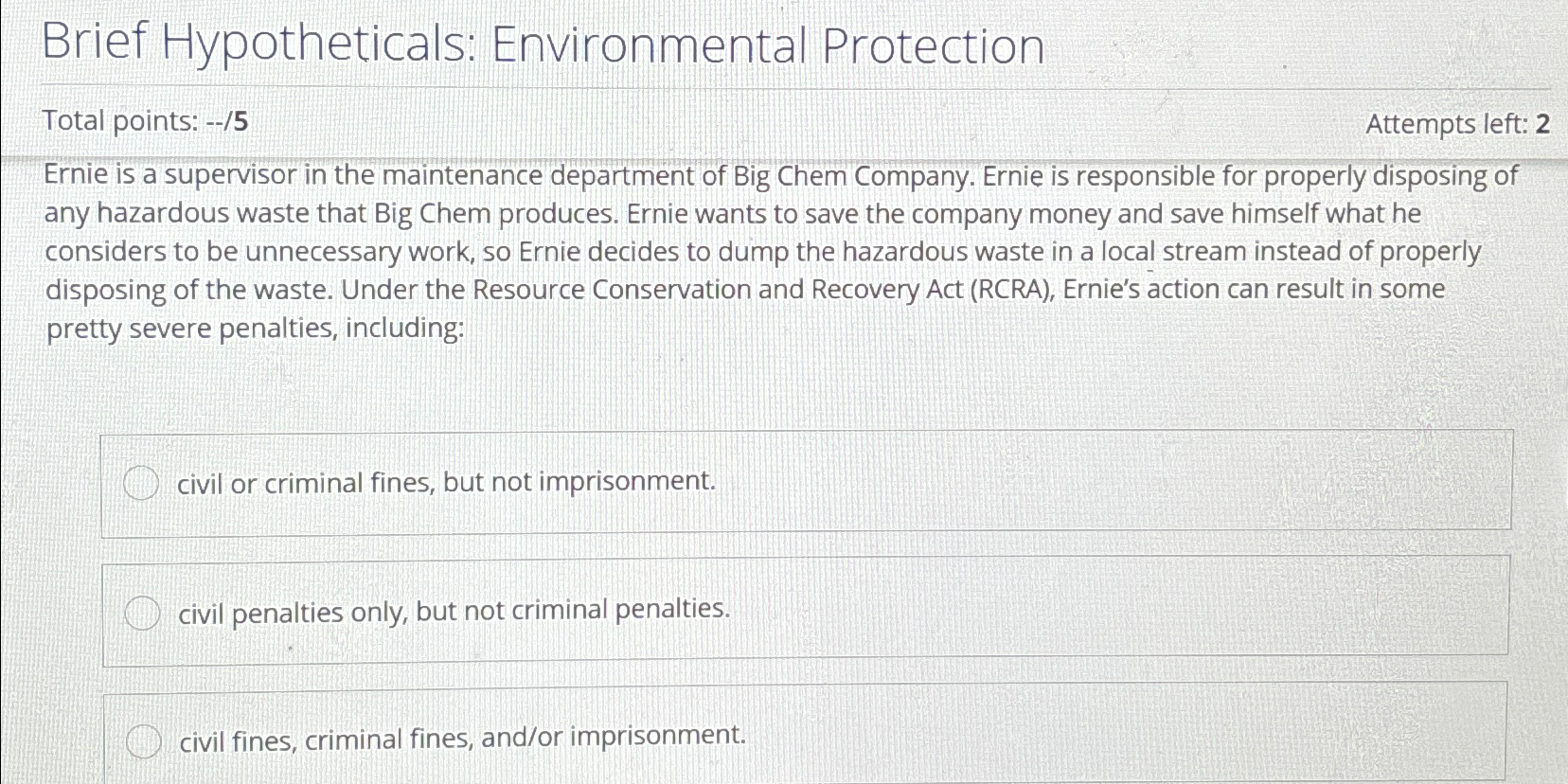 Solved Brief Hypotheticals: Environmental ProtectionTotal | Chegg.com