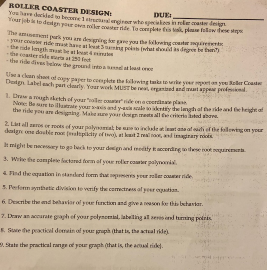 Solved ROLLER COASTER DESIGN DUE You have decided to Chegg