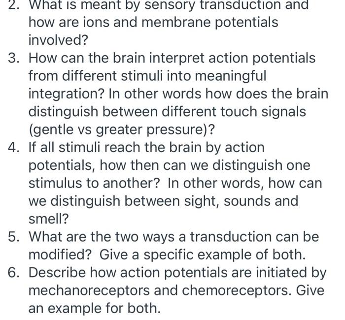 2. What is meant by sensory transduction and
how are ions and membrane potentials
involved?
3. How can the brain interpret ac