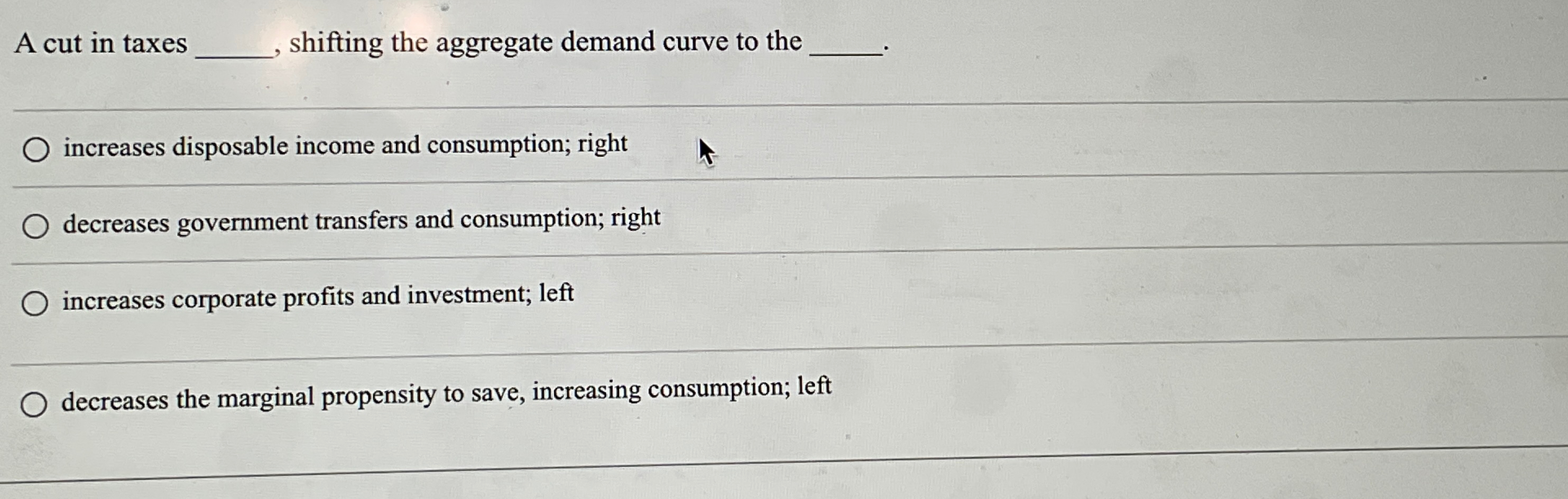 Solved A cut in taxes ﻿shifting the aggregate demand curve | Chegg.com